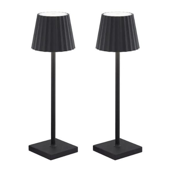 Cordless waterproof LED table lamp on a patio table for outdoor entertaining