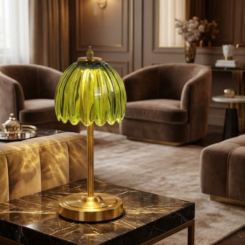 Cordless tulip table lamp in soft green for minimalist living room