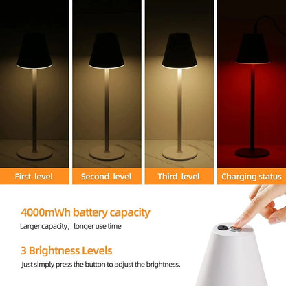 Cordless rechargeable table lamp with touch control for outdoor dining