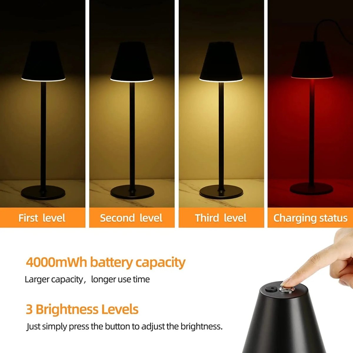 Cordless rechargeable table lamp with touch control for outdoor dining