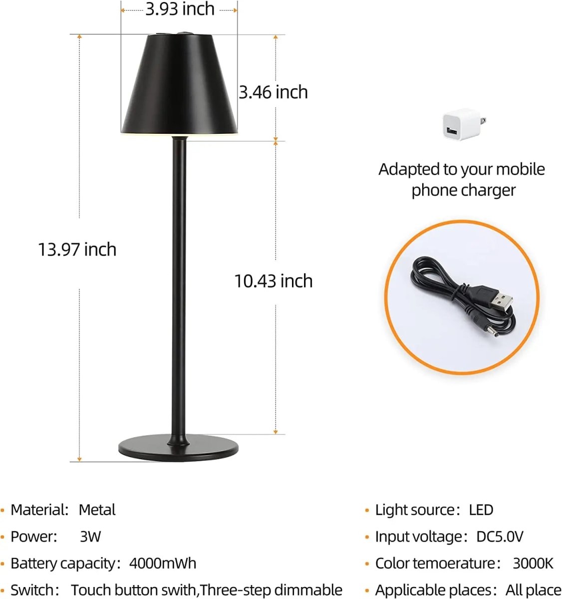 Cordless rechargeable table lamp with touch control for outdoor dining