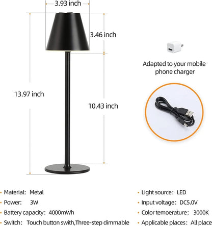 Cordless rechargeable table lamp with touch control for outdoor dining