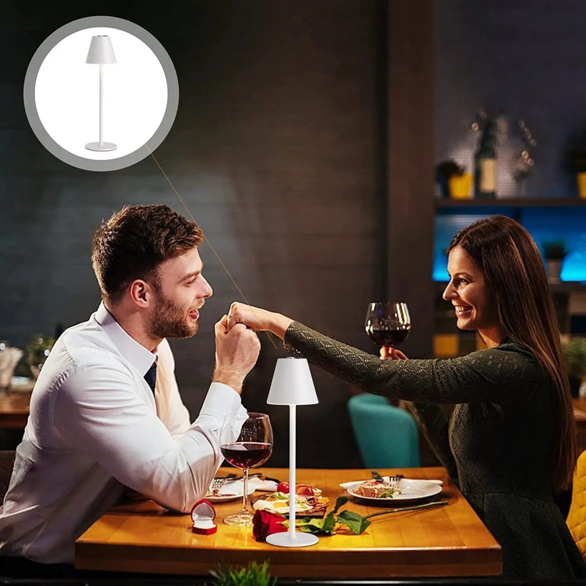 Cordless rechargeable table lamp with touch control for outdoor dining