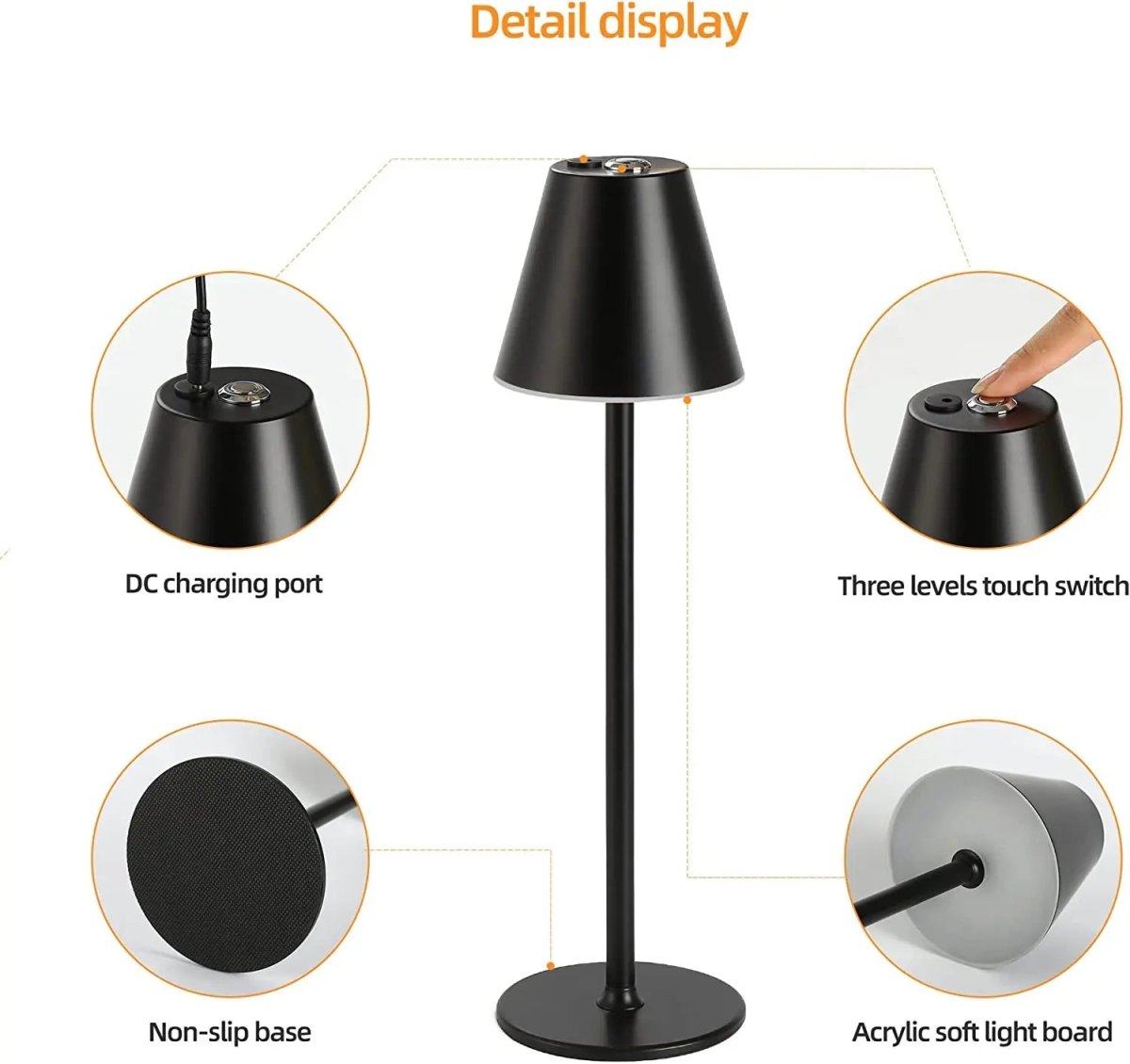 Cordless rechargeable table lamp with touch control for outdoor dining