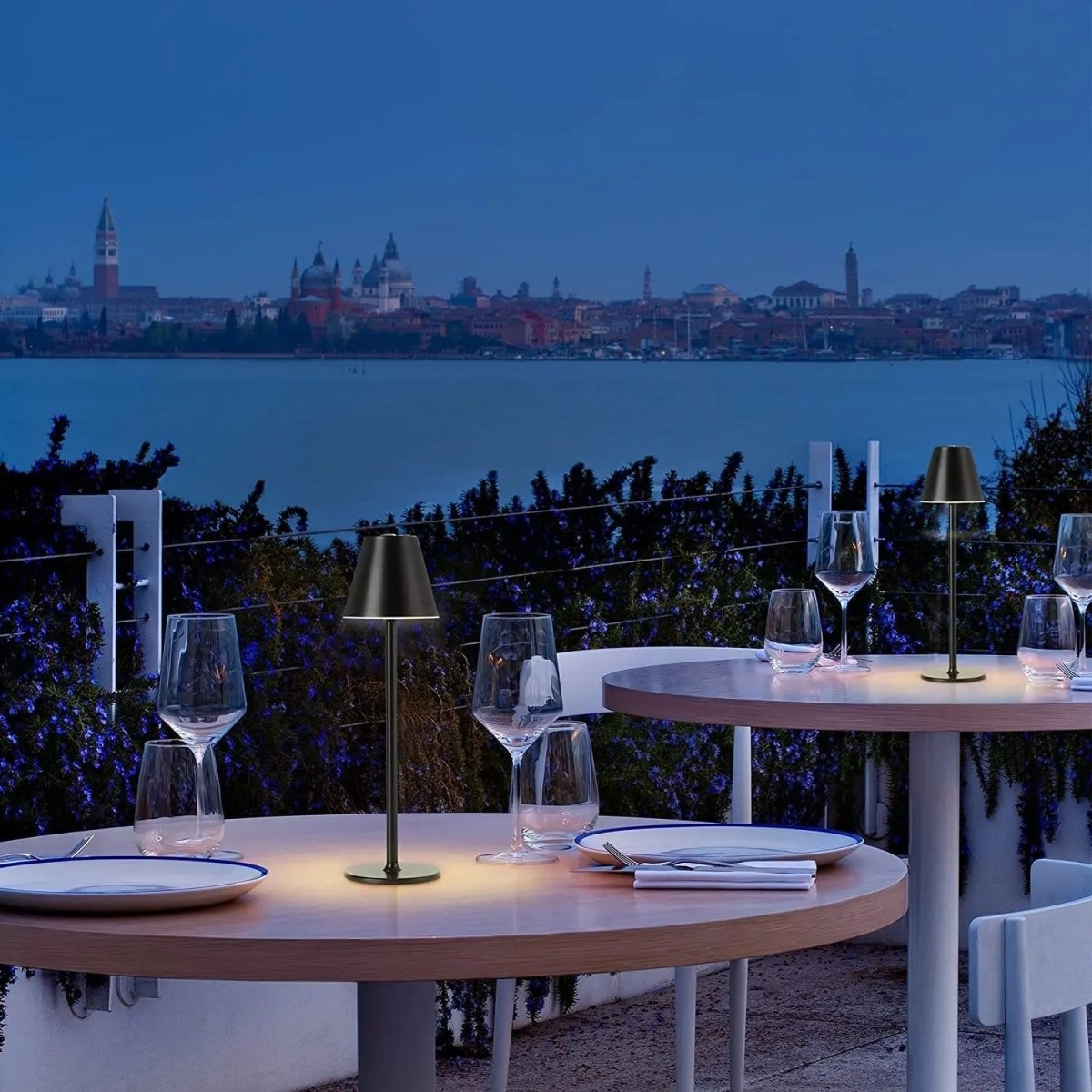 Cordless rechargeable table lamp with touch control for outdoor dining