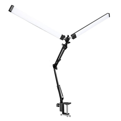 Dual head LED desk lamp with long folding arm for detailed close-up work