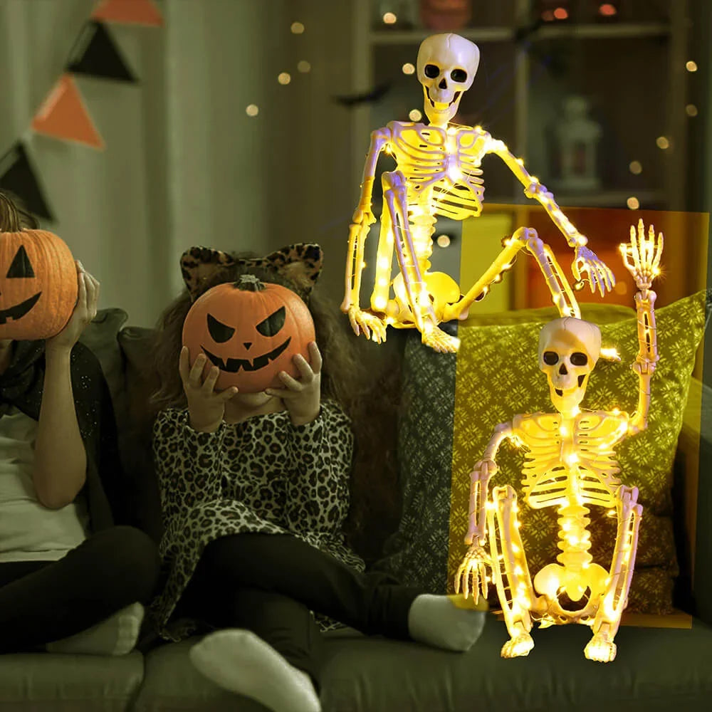 Fully adjustable poseable Halloween skeleton in bone-like colors standing in a spooky pose