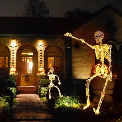 Fully adjustable poseable Halloween skeleton in bone-like colors standing in a spooky pose