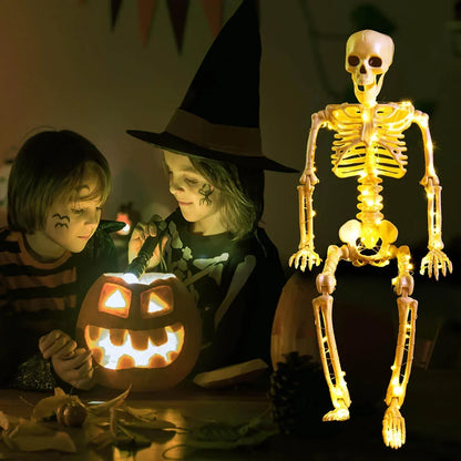 Fully adjustable poseable Halloween skeleton in bone-like colors standing in a spooky pose