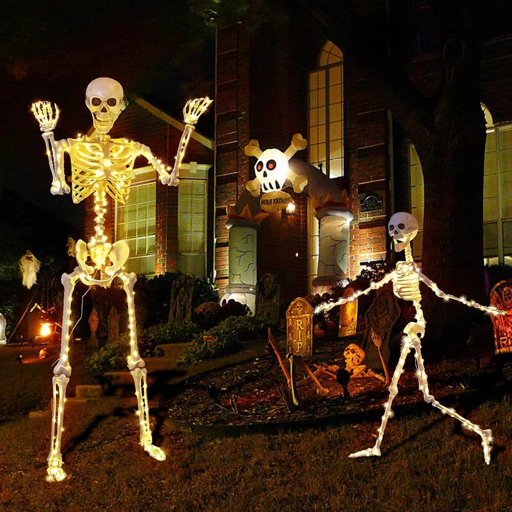 Fully adjustable poseable Halloween skeleton in bone-like colors standing in a spooky pose