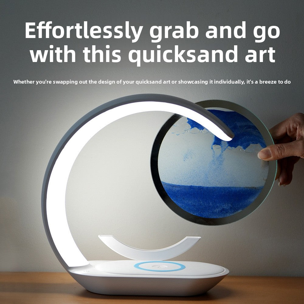Wireless charging nightstand lamp with blue quicksand art for bedroom