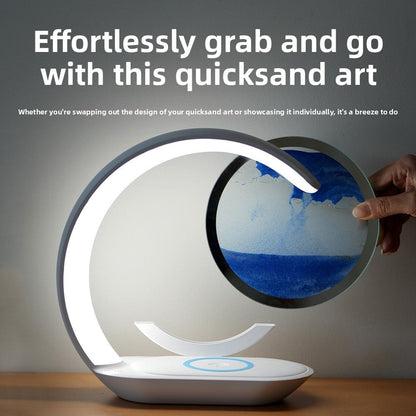 Wireless charging nightstand lamp with blue quicksand art for bedroom