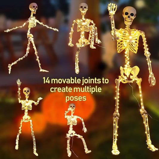 Fully adjustable poseable Halloween skeleton in bone-like colors standing in a spooky pose