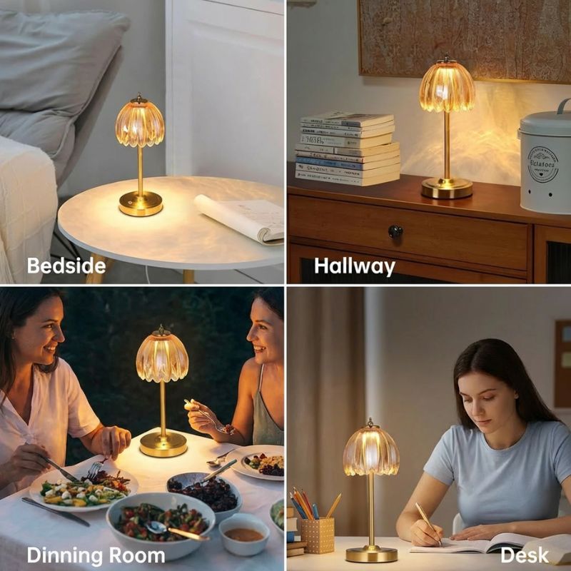 Cordless tulip table lamp in soft green for minimalist living room