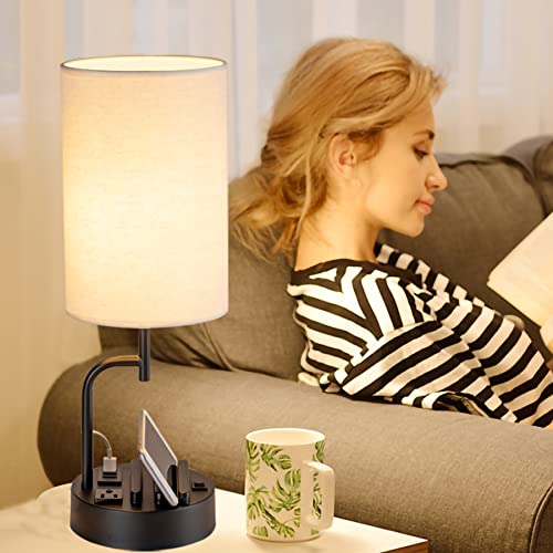 Modern nightstand with built-in charging station featuring USB ports and AC outlets for bedside organization