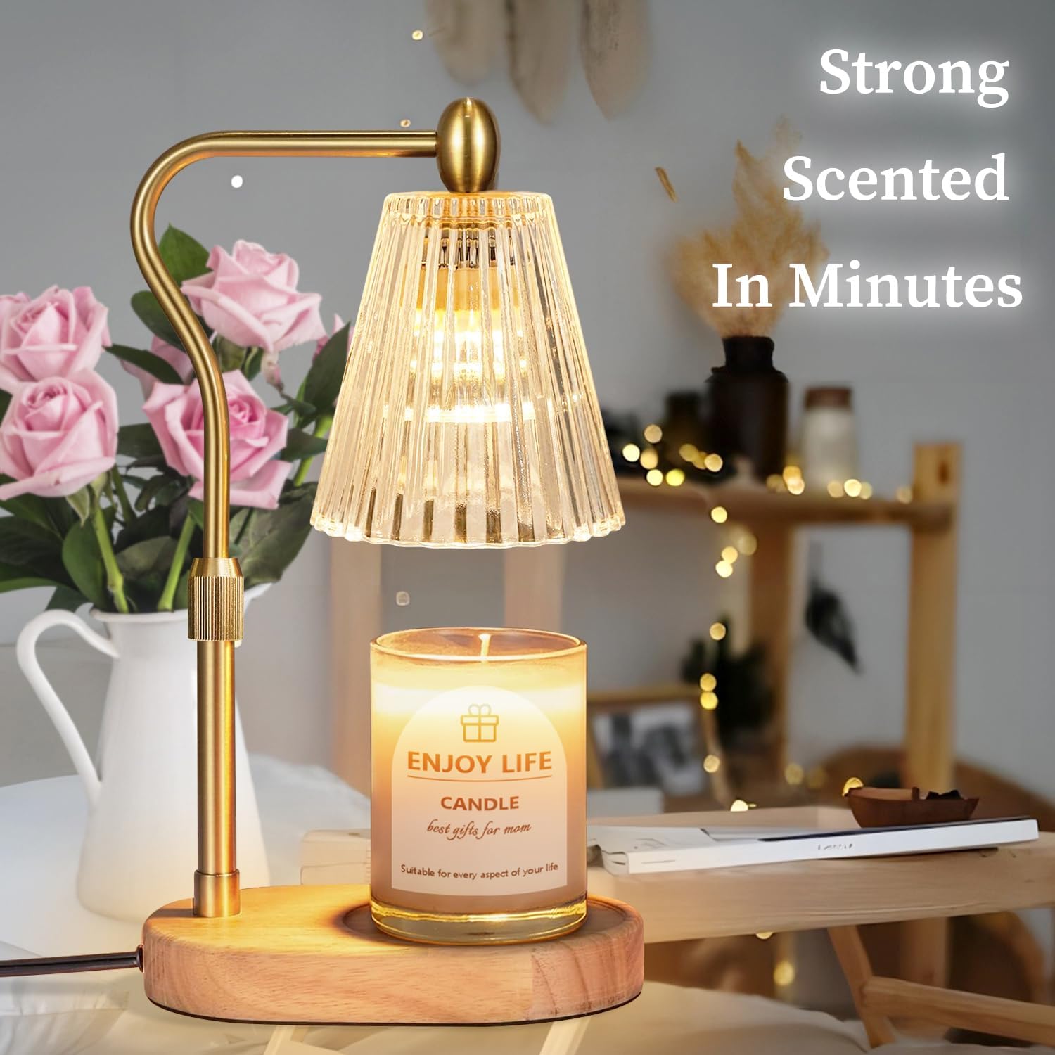 Candle warmer lamp with a glowing bulb warming a candle, safe for homes with pets and children