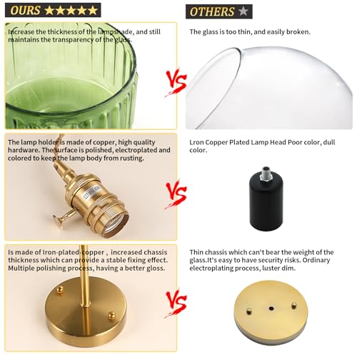 Vintage gold wall sconce with green glass shade, rechargeable, for renters