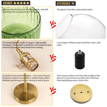 Vintage gold wall sconce with green glass shade, rechargeable, for renters