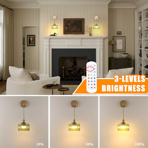 Vintage gold wall sconce with green glass shade, rechargeable, for renters