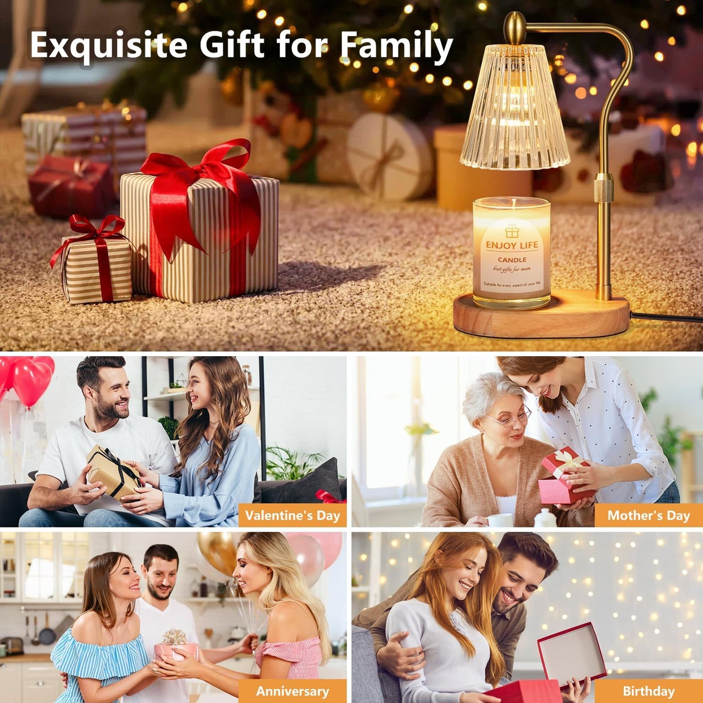 Candle warmer lamp with a glowing bulb warming a candle, safe for homes with pets and children