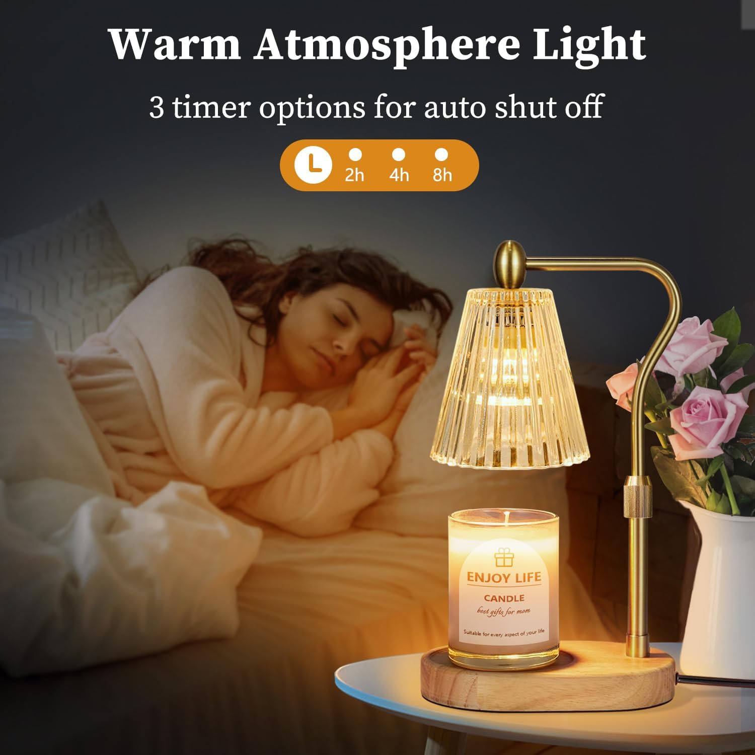 Candle warmer lamp with a glowing bulb warming a candle, safe for homes with pets and children