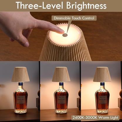 Cordless rechargeable bottle lamp with dimmable LED light for apartment dwellers