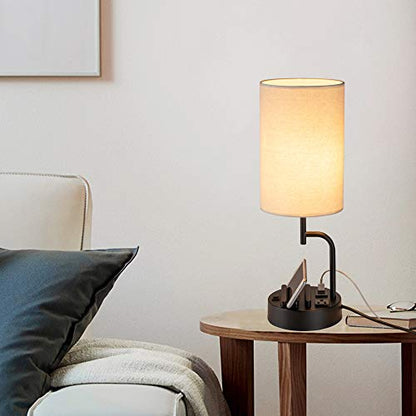 Modern nightstand with built-in charging station featuring USB ports and AC outlets for bedside organization