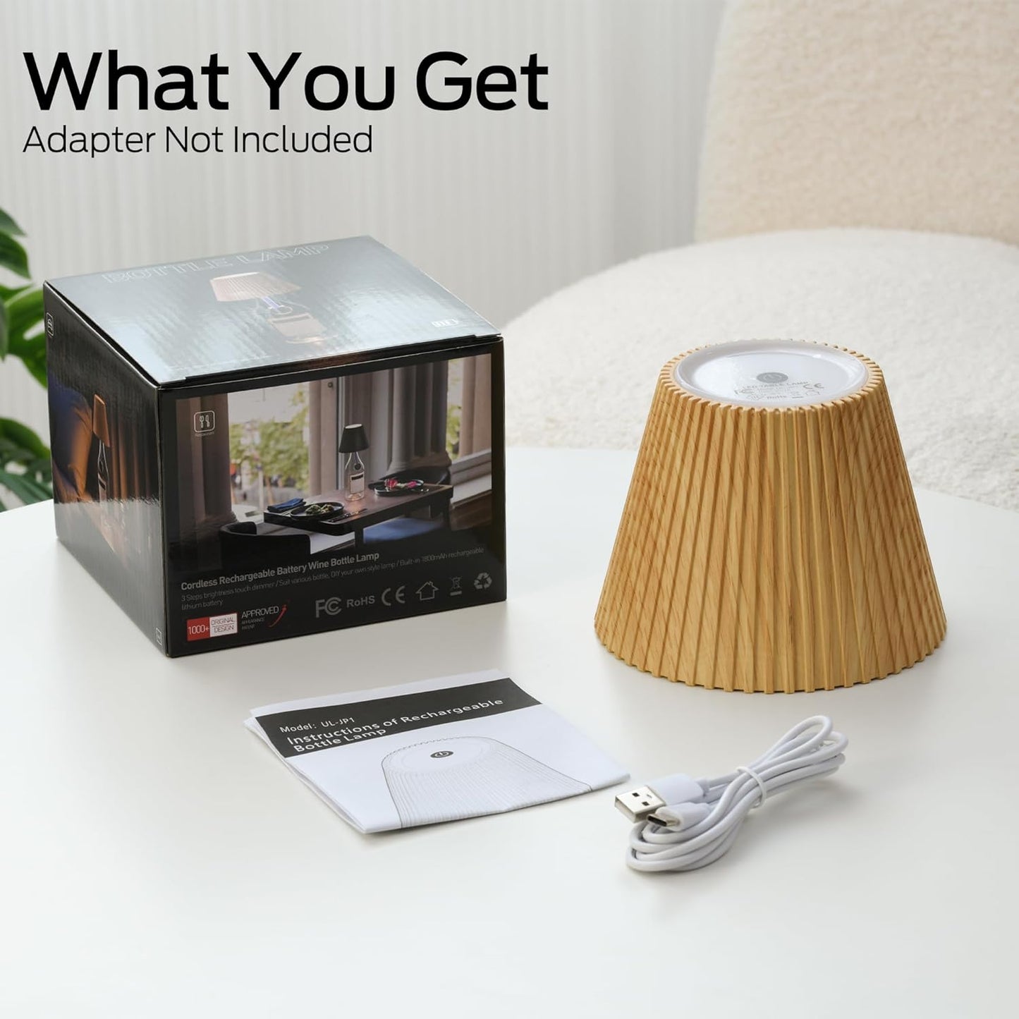 Cordless rechargeable bottle lamp with dimmable LED light for apartment dwellers