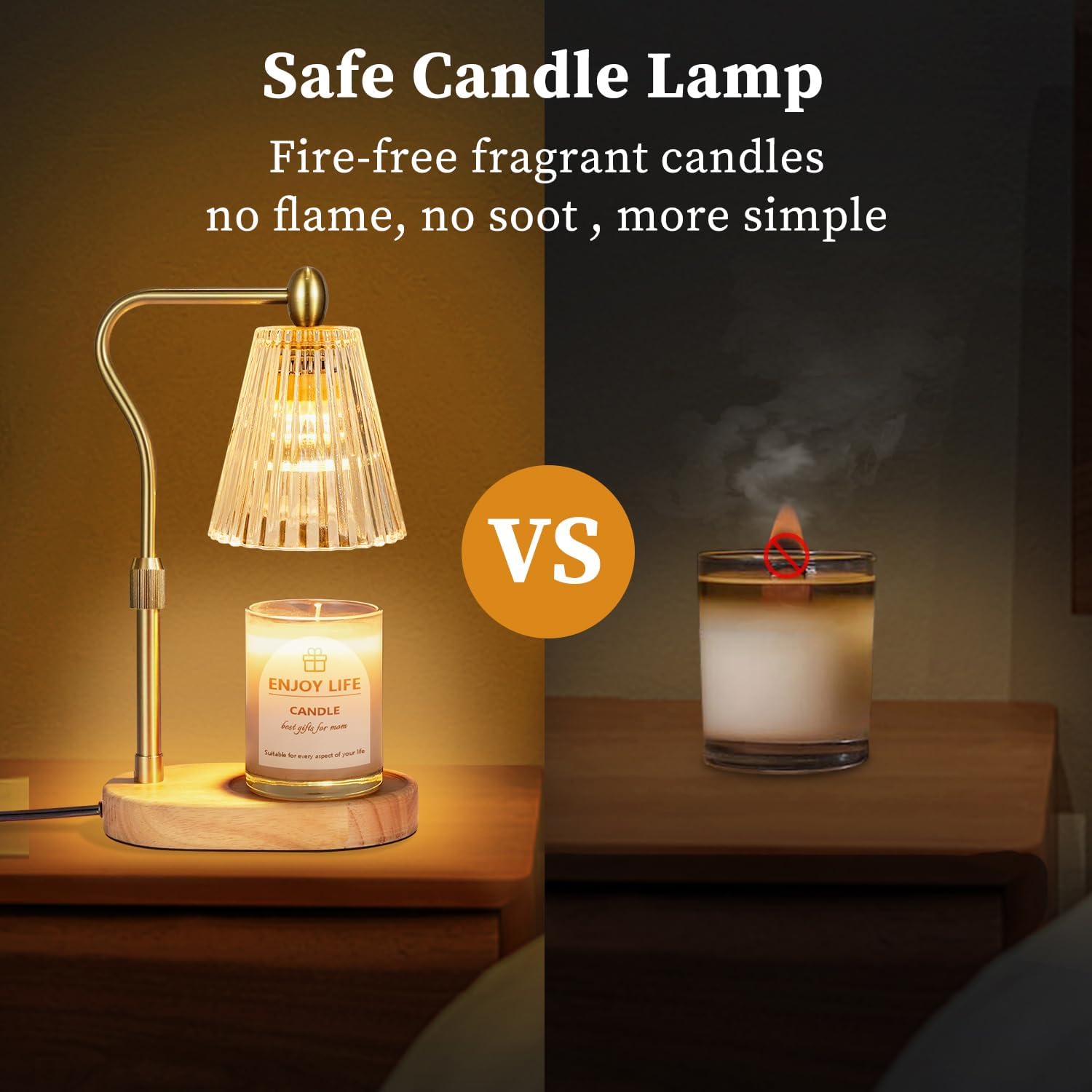 Candle warmer lamp with a glowing bulb warming a candle, safe for homes with pets and children