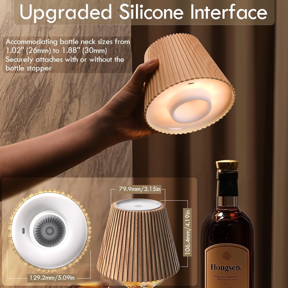 Cordless rechargeable bottle lamp with dimmable LED light for apartment dwellers