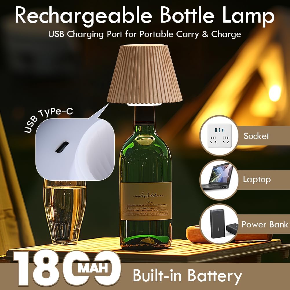 Cordless rechargeable bottle lamp with dimmable LED light for apartment dwellers