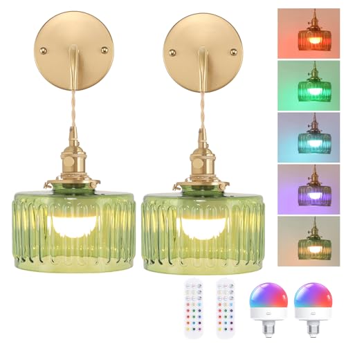 Vintage gold wall sconce with green glass shade, rechargeable, for renters