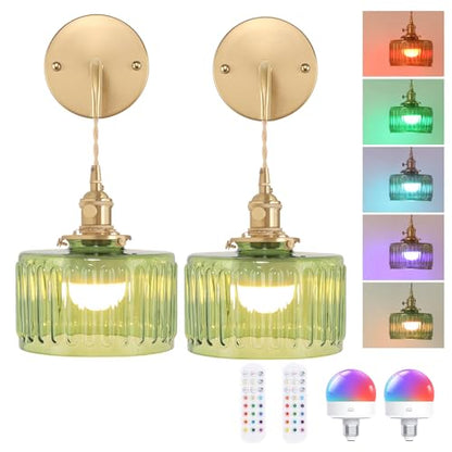 Vintage gold wall sconce with green glass shade, rechargeable, for renters