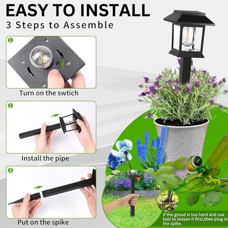Edison-style solar lawn lights glowing along a garden path at dusk