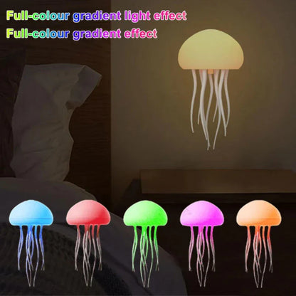 Cordless rechargeable table lamp with warm ambient glow on a shelf in an apartment