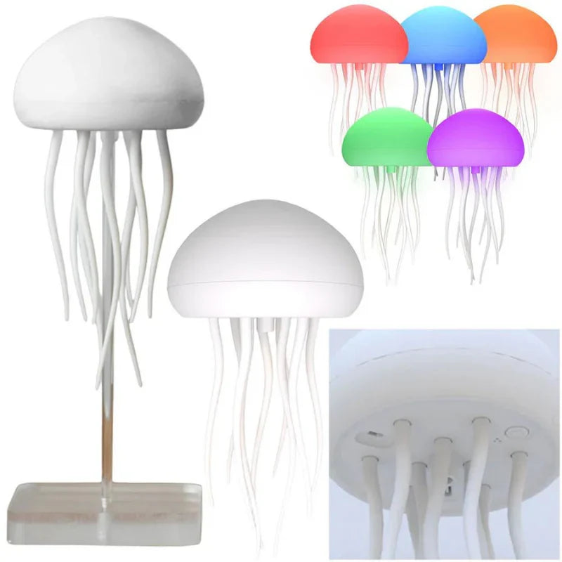 Cordless rechargeable table lamp with warm ambient glow on a shelf in an apartment