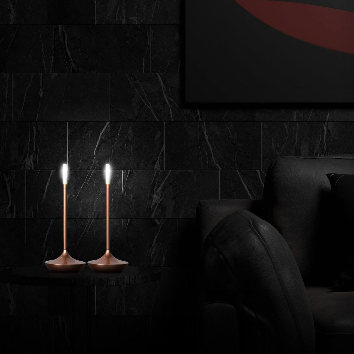 Rechargeable portable LED candle lamp with warm amber glow on a table, suitable for indoor and outdoor ambiance