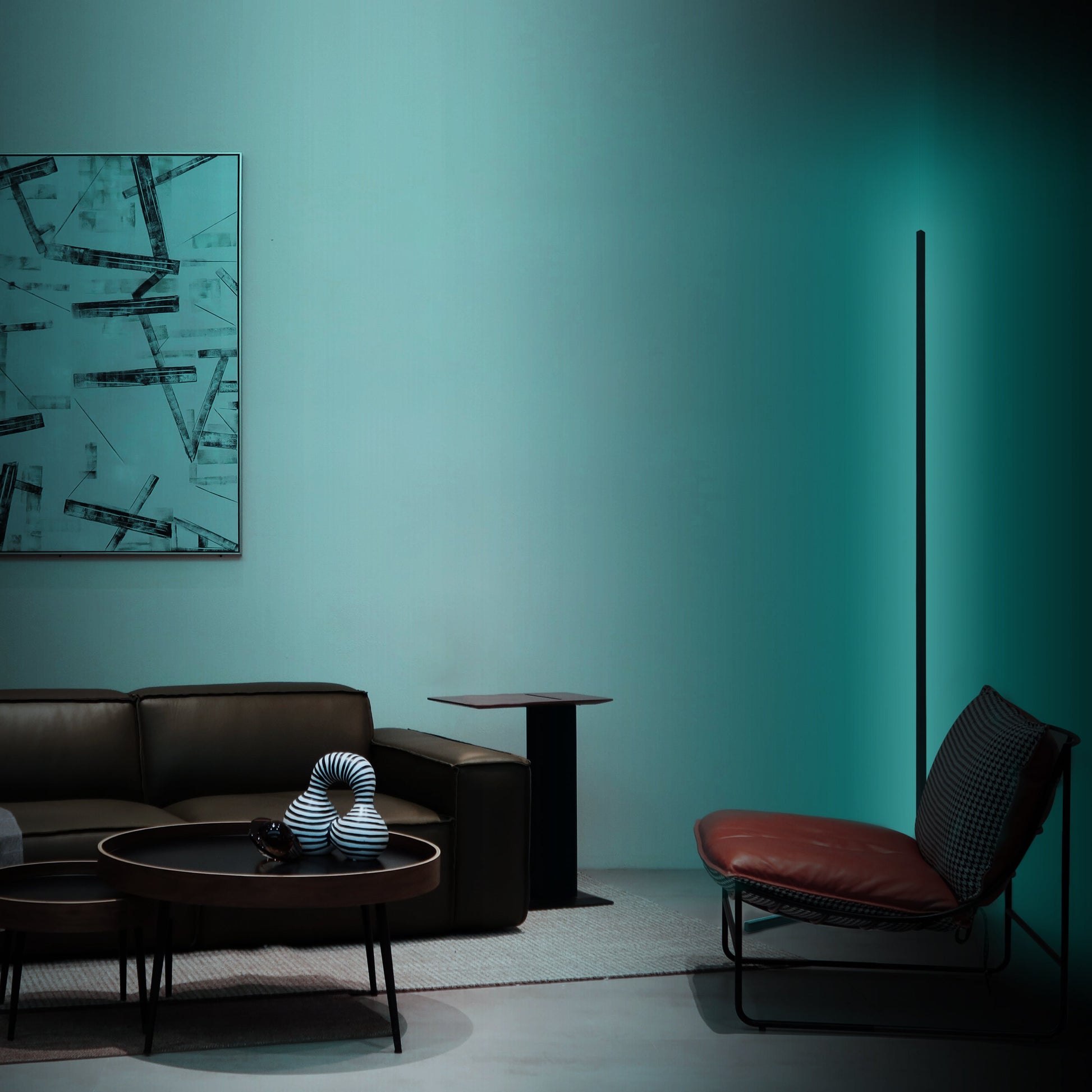 RGB corner floor lamp with colorful lighting modes for party ambiance in a living room