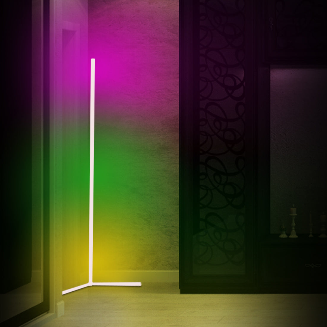RGB corner floor lamp with colorful lighting modes for party ambiance in a living room