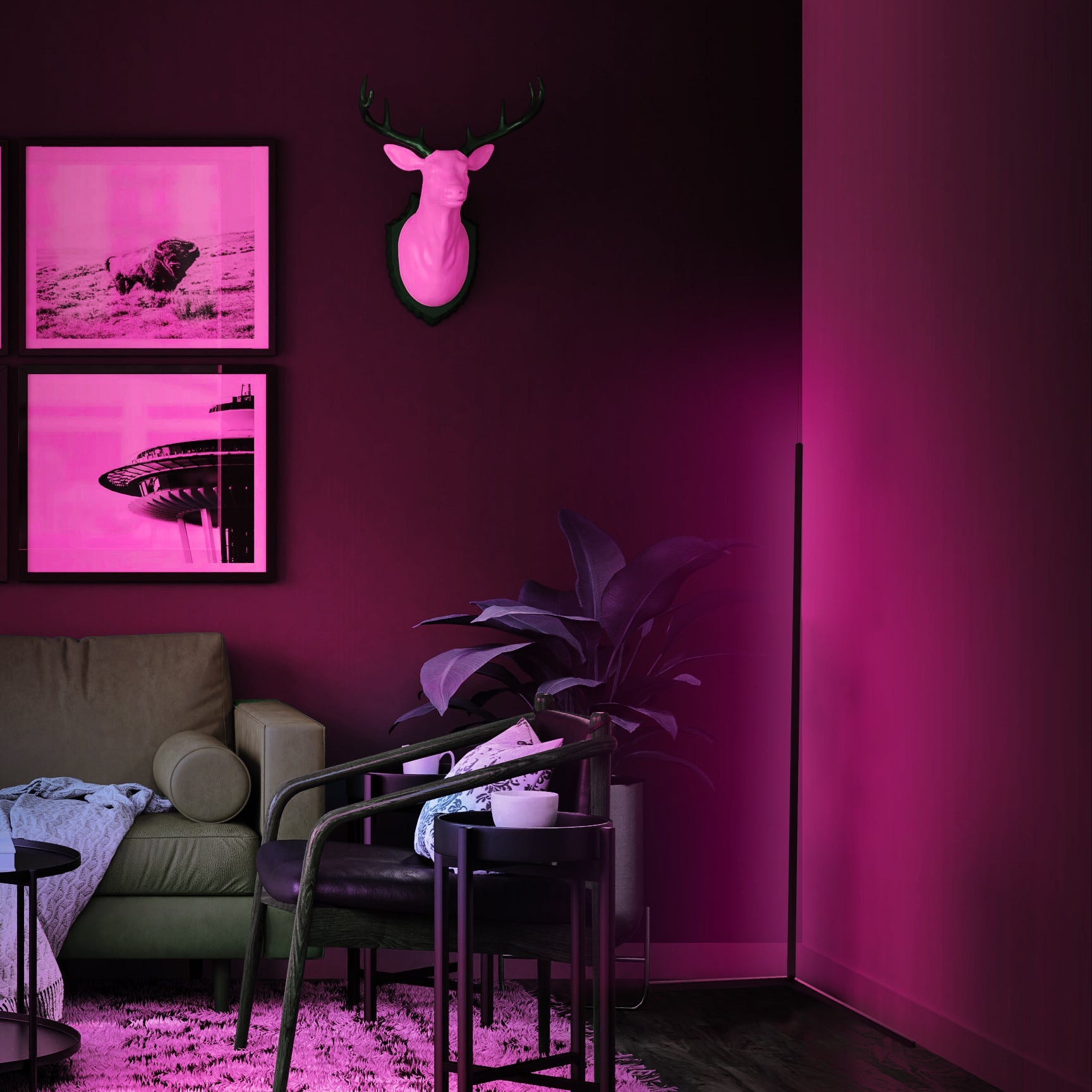 RGB corner floor lamp with colorful lighting modes for party ambiance in a living room
