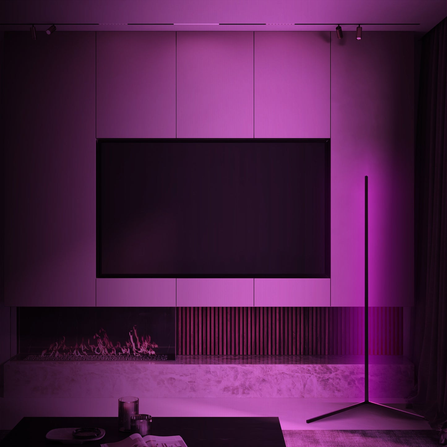 RGB corner floor lamp with colorful lighting modes for party ambiance in a living room