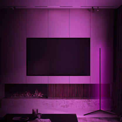 RGB corner floor lamp with colorful lighting modes for party ambiance in a living room