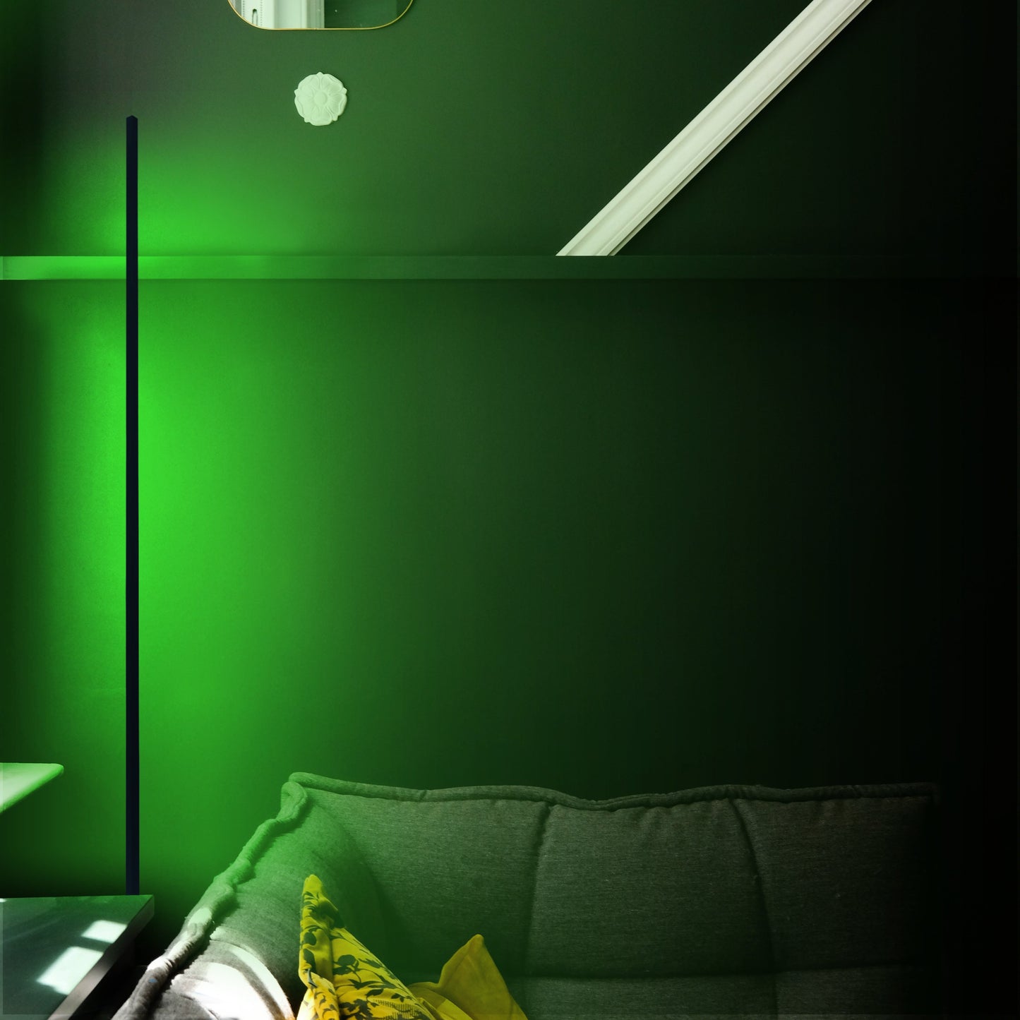 RGB corner floor lamp with colorful lighting modes for party ambiance in a living room