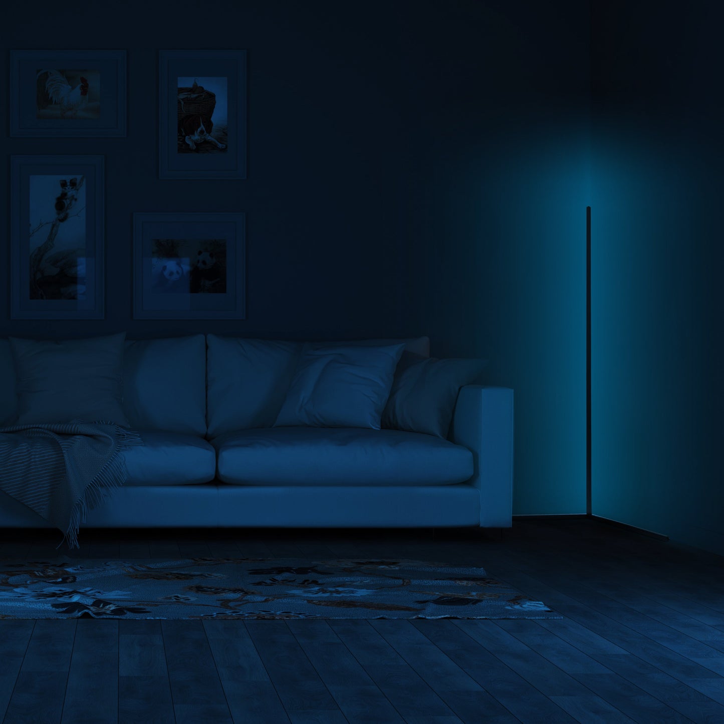 RGB corner floor lamp with colorful lighting modes for party ambiance in a living room