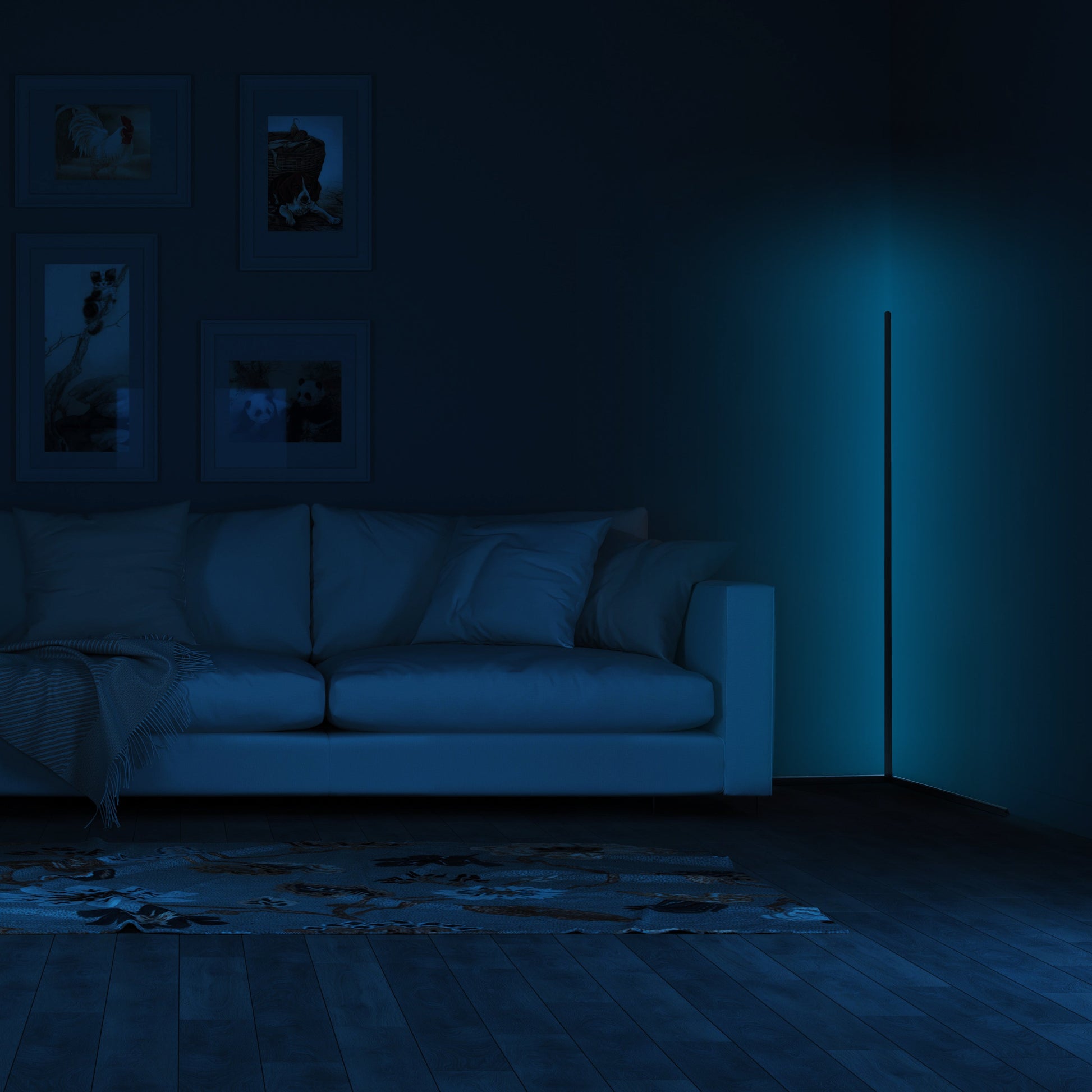 RGB corner floor lamp with colorful lighting modes for party ambiance in a living room