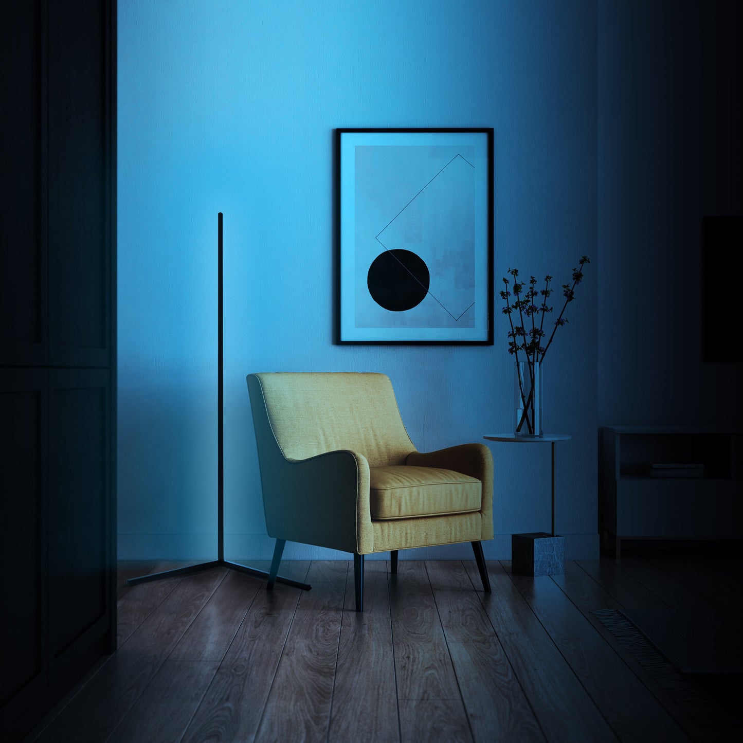 RGB corner floor lamp with colorful lighting modes for party ambiance in a living room