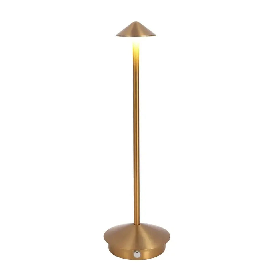 Cordless table lamp with warm ambient light on a patio, no cords