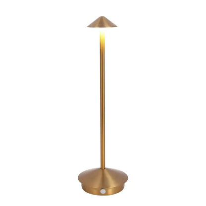 Cordless table lamp with warm ambient light on a patio, no cords