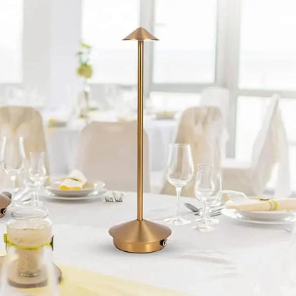 Cordless table lamp with warm ambient light on a patio, no cords