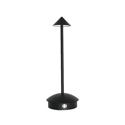 Cordless table lamp with warm ambient light on a patio, no cords